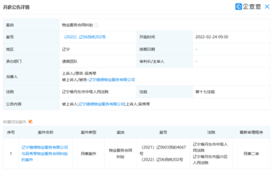 遼寧錦繡物業(yè)服務(wù)新增開(kāi)庭公告 案由系物業(yè)服務(wù)合同糾紛